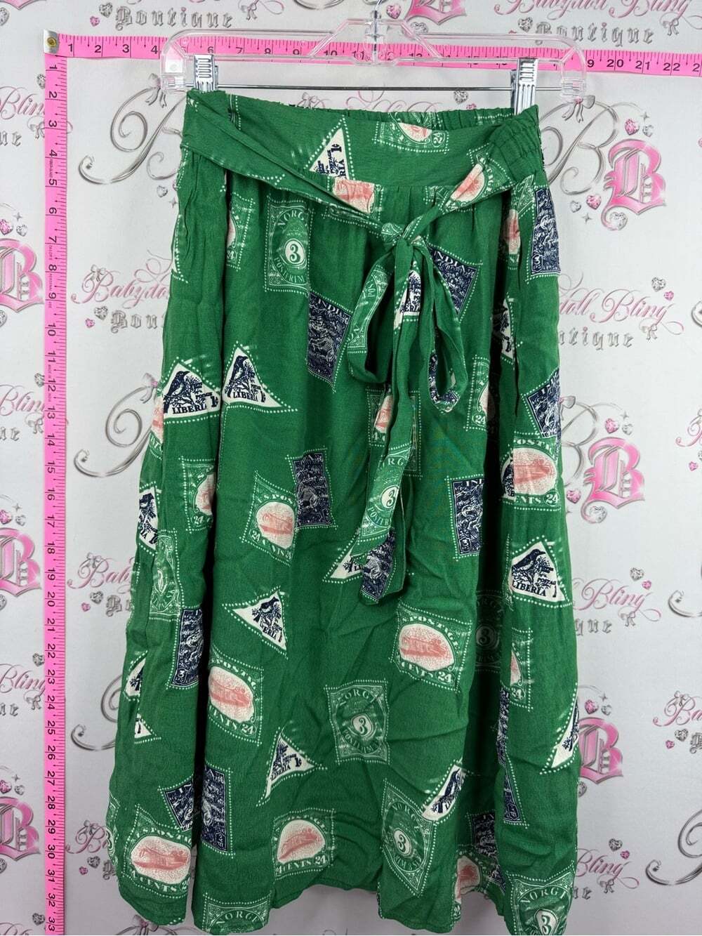 PORRIDGE Anthropologie skirt patches post card style Green Printed Tie-Waist